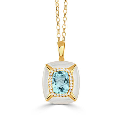 Yellow Gold Sky Blue Topaz Pendant With Diamonds And Mother Of Pearl Boarders