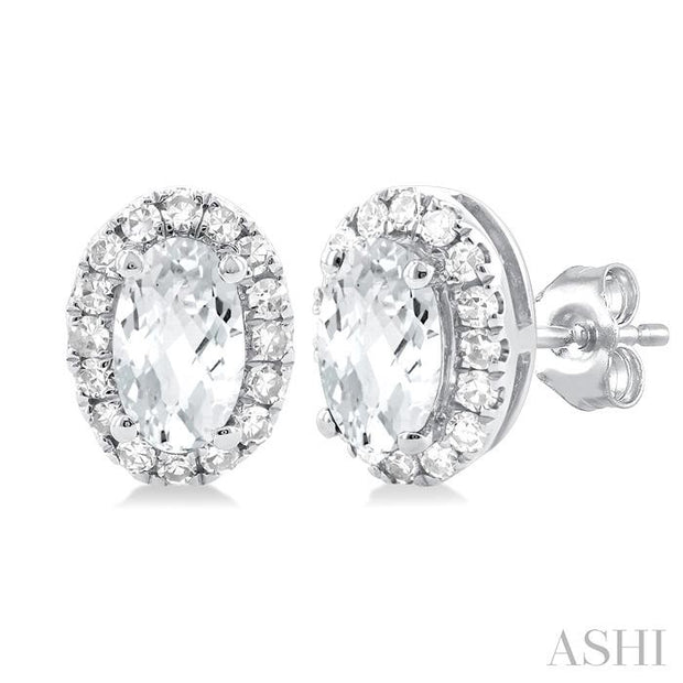 Oval Shape White Topaz & Halo Diamond Earrings