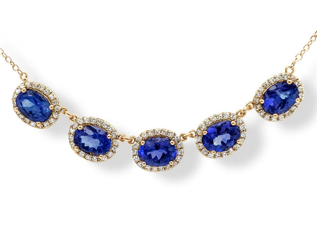 Oval Tanzanite Center With Diamond Halo Links Pendant Necklace