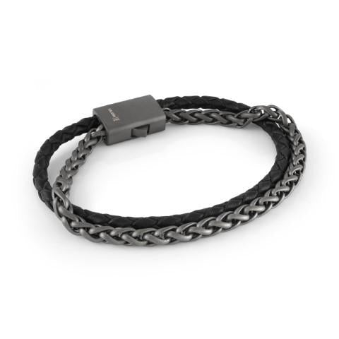 Wheat Link Chain & Black Leather Bracelet