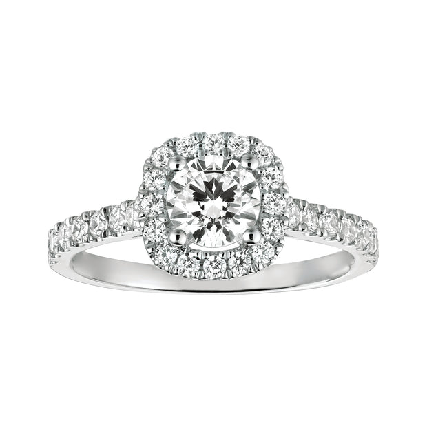 OM JEWELRY - 14K WHITE GOLD CUSHION CENTER WITH HALO DIAMOND ENGAGEMENT RING