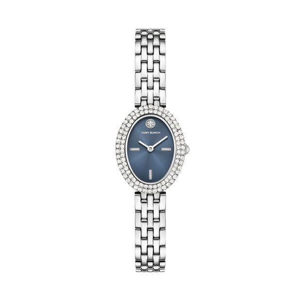 Tory Burch - Oval Watch Silver With Blue Dial & Pave Crystals