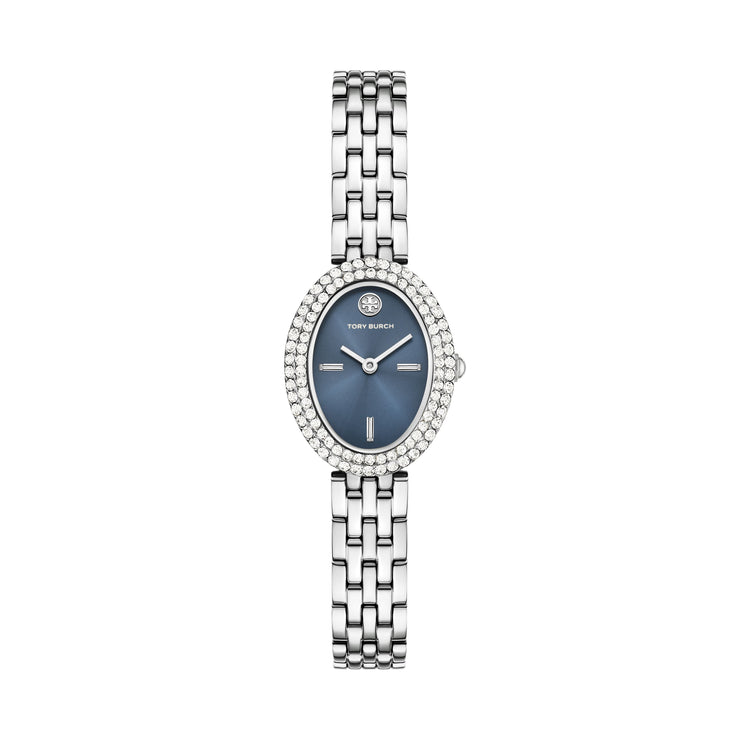 Tory Burch - Oval Watch Silver With Blue Dial & Pave Crystals