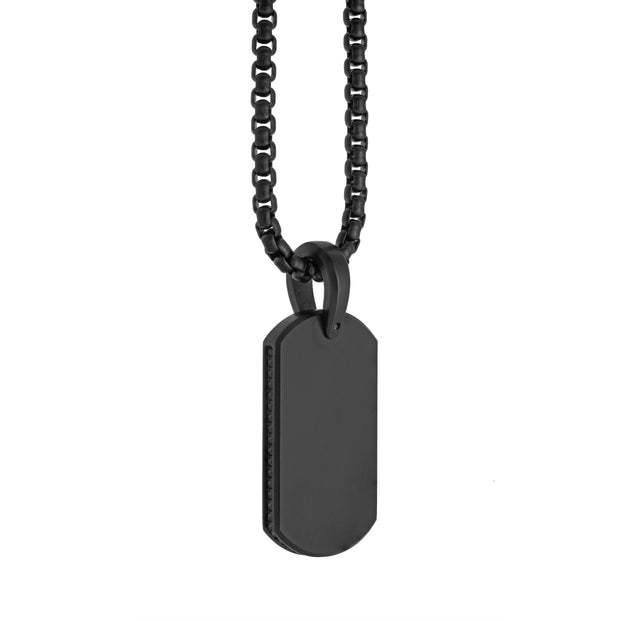 Stainless Steel Matte Black Brushed Dog Tag With Studded Edges On Round Box Chain
