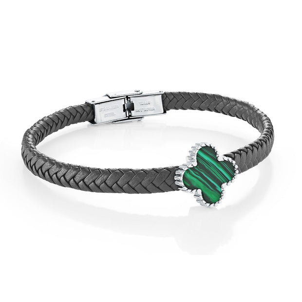 Stainless Steel Malachite Clover Black Leather Bracelet