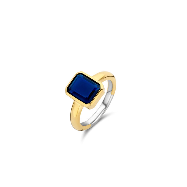 TI SENTO - Two Tone Sterling Silver Gold Plated Bezel Set Dark Blue Stone With Two Tone Shank Ring