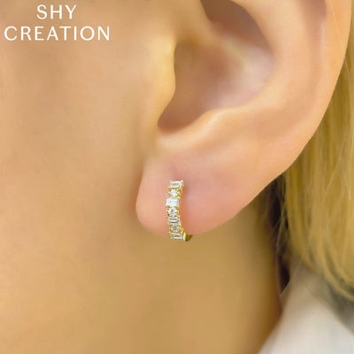 Shy Creation - Yellow Gold Diamond Baguette Huggie Earrings