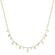 SHY CREATION - YELLOW GOLD DIAMOND & CULTURED PEARL PAPER CLIP LINK NECKLACE