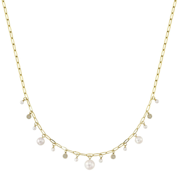 SHY CREATION - YELLOW GOLD DIAMOND & CULTURED PEARL PAPER CLIP LINK NECKLACE