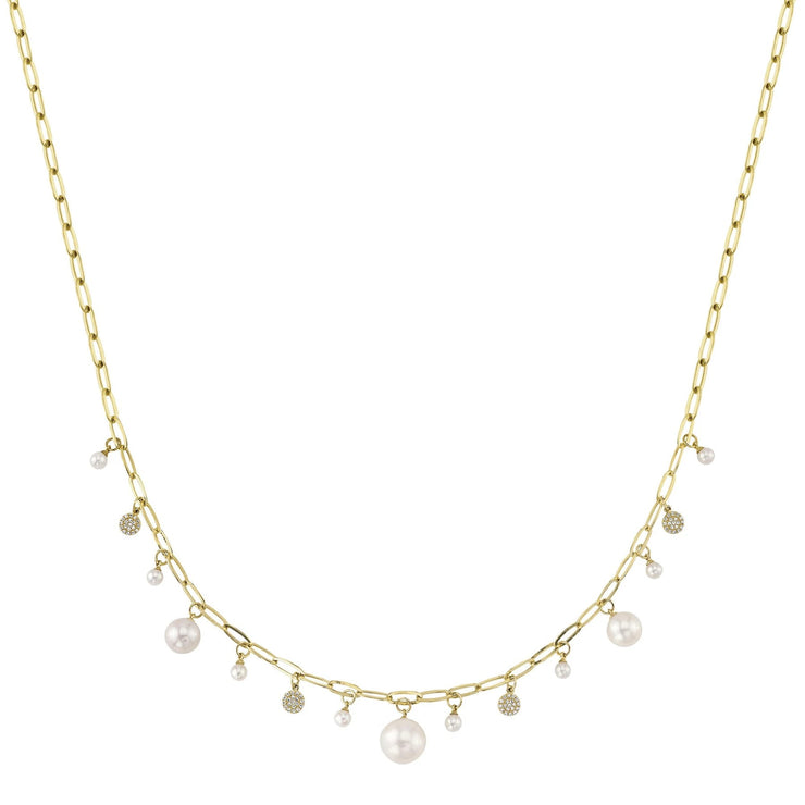 SHY CREATION - YELLOW GOLD DIAMOND & CULTURED PEARL PAPER CLIP LINK NECKLACE
