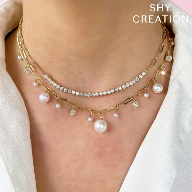 SHY CREATION - YELLOW GOLD DIAMOND & CULTURED PEARL PAPER CLIP LINK NECKLACE