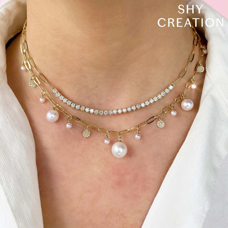 SHY CREATION - YELLOW GOLD DIAMOND & CULTURED PEARL PAPER CLIP LINK NECKLACE