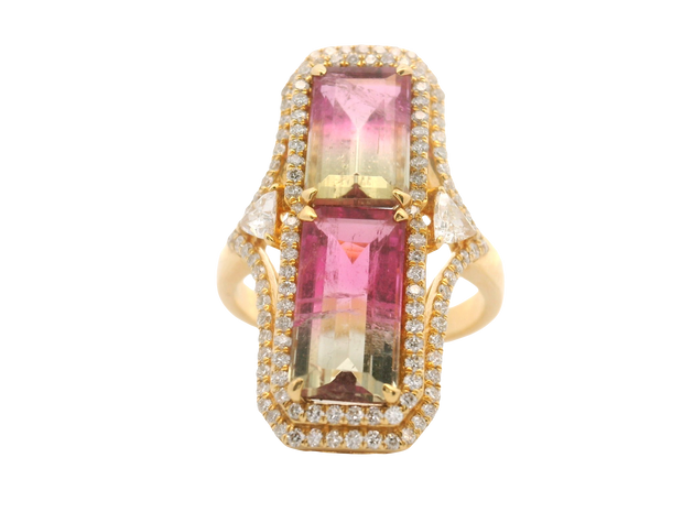 Watermelon Tourmaline & Diamond Art Deco Ring
