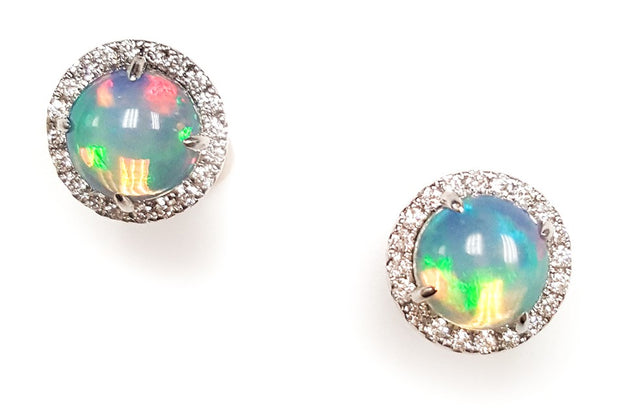 Round Opal Center With Diamond Halo Stud Earrings