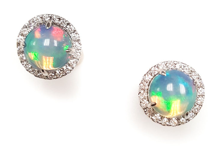 Round Opal Center With Diamond Halo Stud Earrings