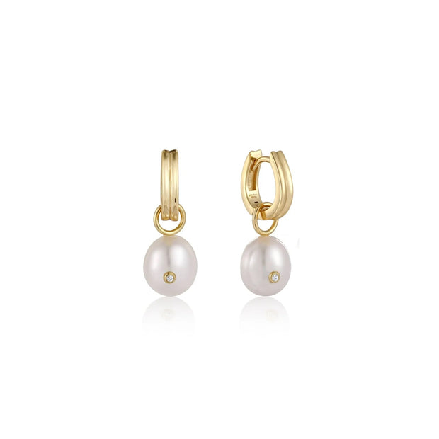 ANIA HAIE - GOLD PLATED STERLING SILVER CHUNKY HUGGIE HOOPS, WITH SUSPENDED PEARL DROPLET WITH INSET CUBIC ZIRCONIA