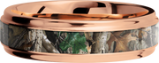 14K Rose Gold 6mm flat band with grooved edges and a 3mm inlay of Realtree Timber Camo