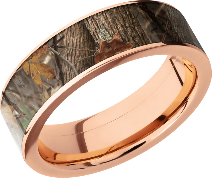 14K Rose Gold 7mm flat band with a 6mm inlay of Kings Woodland Camo