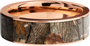 14K Rose Gold 7mm flat band with a 6mm inlay of Kings Woodland Camo