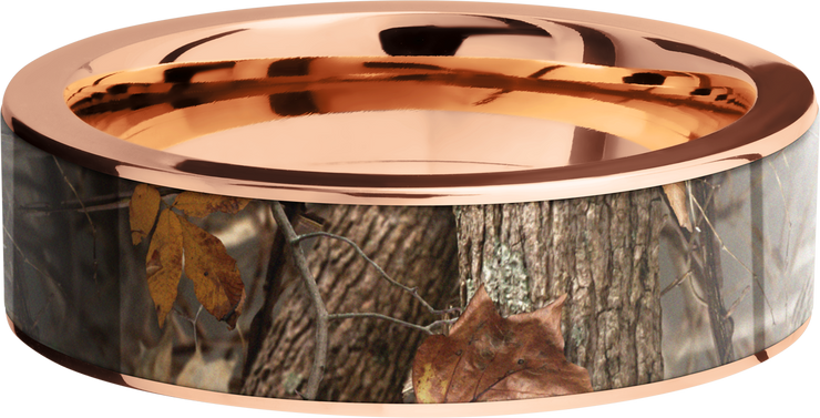 14K Rose Gold 7mm flat band with a 6mm inlay of Kings Woodland Camo