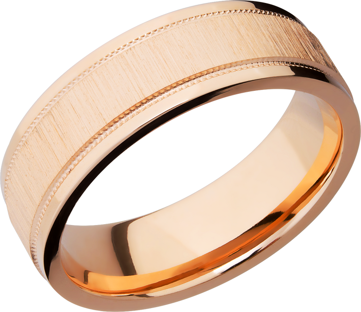 14K Rose gold 7mm domed band with grooved edges and reverse milgrain detail