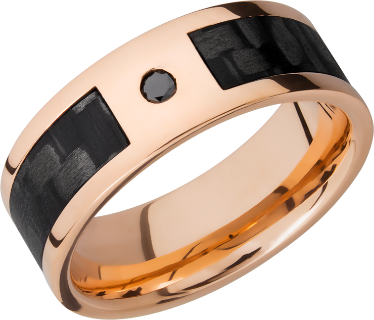 14K Rose Gold 8mm flat band with a 5mm inlay of segmented black Carbon Fiber and a flush-set black diamond accent