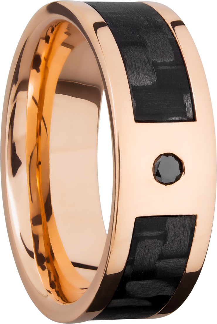 14K Rose Gold 8mm flat band with a 5mm inlay of segmented black Carbon Fiber and a flush-set black diamond accent