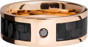 14K Rose Gold 8mm flat band with a 5mm inlay of segmented black Carbon Fiber and a flush-set black diamond accent