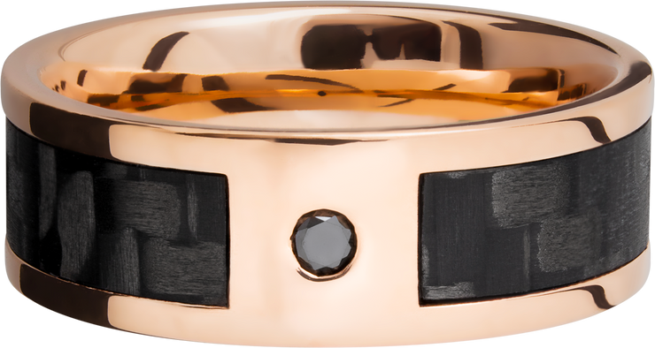 14K Rose Gold 8mm flat band with a 5mm inlay of segmented black Carbon Fiber and a flush-set black diamond accent