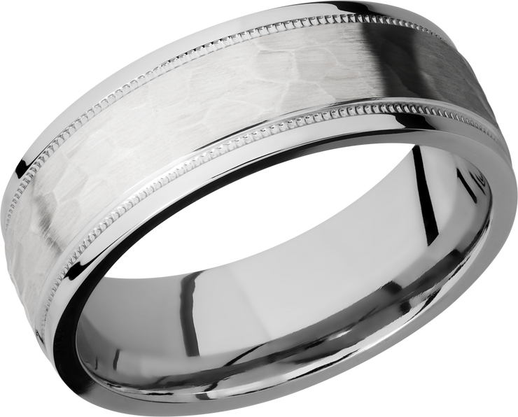 14K White gold 7.5mm domed band with grooved edges and reverse milgrain detail