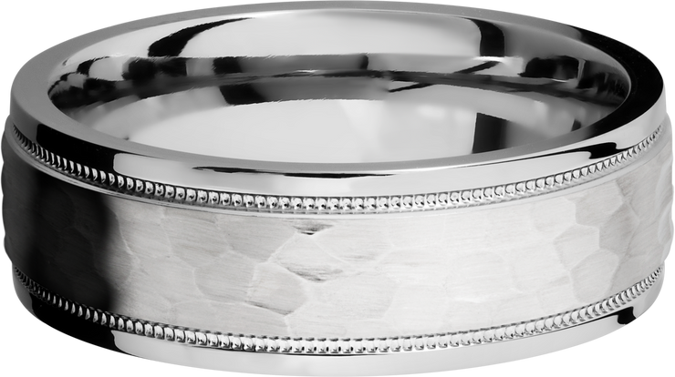 14K White gold 7.5mm domed band with grooved edges and reverse milgrain detail