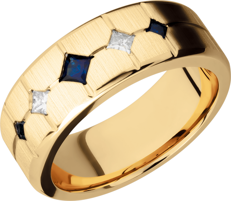 14K Yellow gold 8mm beveled band with 3 sapphires and 2 diamonds