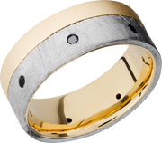 18K yellow gold flat band with an off-center inlay of authentic Gibeon Meteorite and 7, .04ct flush-set black diamonds