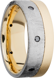 18K yellow gold flat band with an off-center inlay of authentic Gibeon Meteorite and 7, .04ct flush-set black diamonds