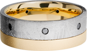 18K yellow gold flat band with an off-center inlay of authentic Gibeon Meteorite and 7, .04ct flush-set black diamonds