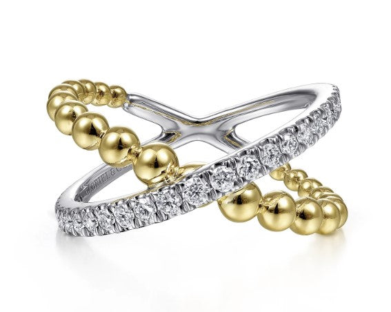 GABRIEL & CO - White-Yellow Gold Bujukan Diamond and Metal Bead Criss Cross Ring