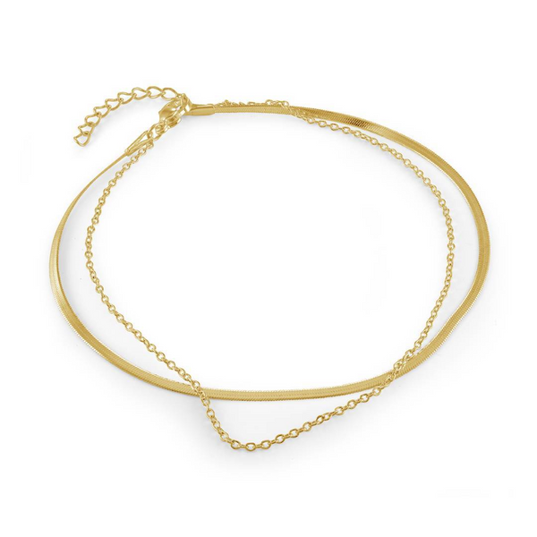 Yellow Stainless Steel Gold Ion Plated Herringbone Strand And Oval Link Strand Layered Adjustable 6.5-7