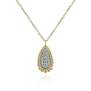GABRIEL & CO -  Yellow Gold Teardrop Diamond Pave Pendant Necklace with Beaded Frame