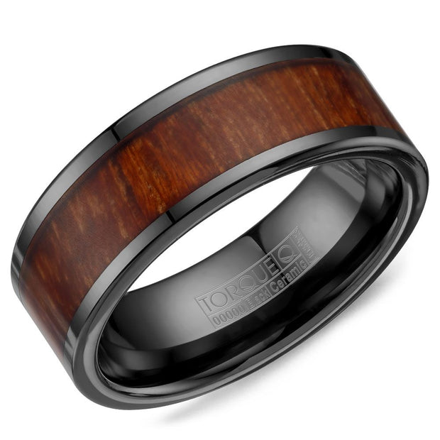 CROWN RING- BLACK CERAMIC WITH WOOD PATTERN INLAY