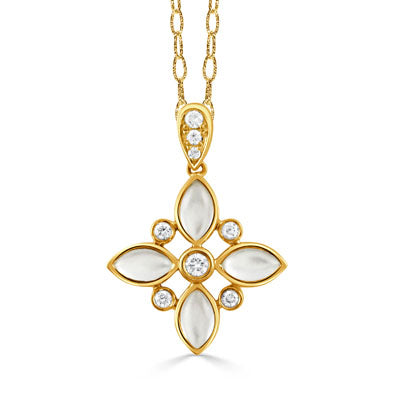 18kt Yellow Gold Clear Quartz Over White Mother Of Pearl & Diamond Necklace