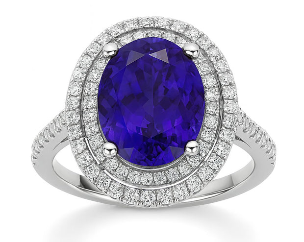 Oval Tanzanite Fashion Ring With A Double Halo Of Diamonds