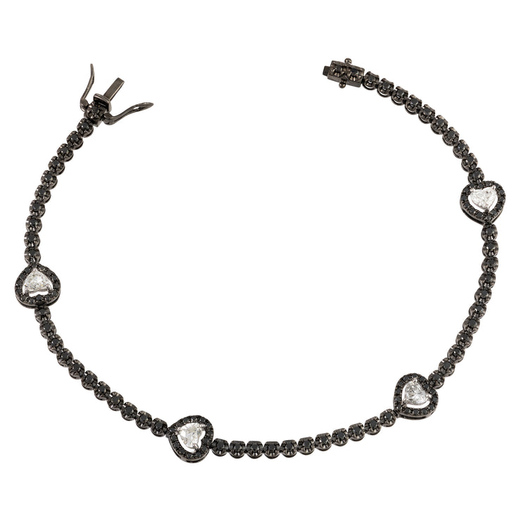 Black Diamond & White Heart Diamond Tennis Bracelet