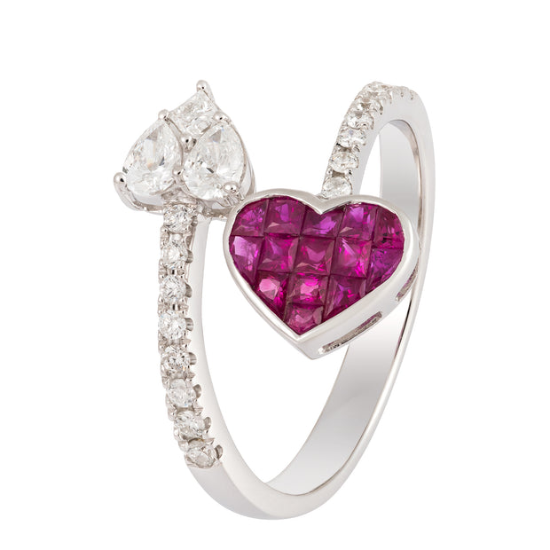 Ruby & Diamond Hearts Bypass Ring