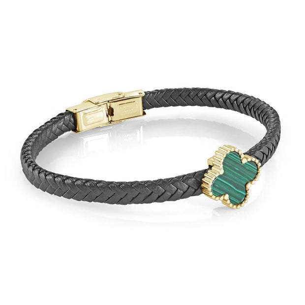 Gold Stainless Steel Malachite Clover Black Leather Bracelet