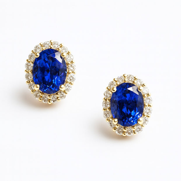 Oval Tanzanite Center With Diamond Halo Stud Earrings