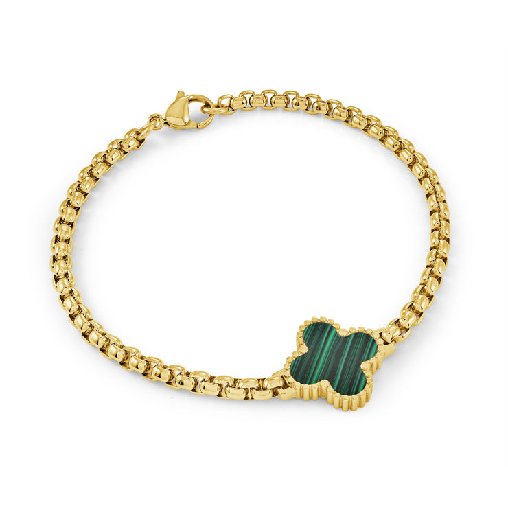 Italgem - Yellow Stainless Steel Malachite Clover On 3.5Mm Box Link Bracelet