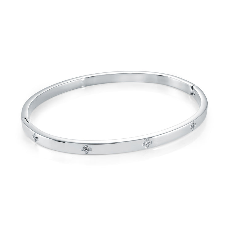 Italgem - Stainless Steel 4Mm Wide Bangle With CZ Clovers