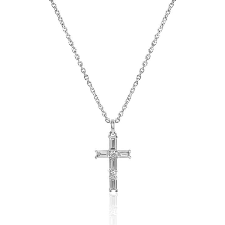 LUVENTE- WHITE GOLD ROUND AND BAGUETTE DIAMOND CROSS PENDANT