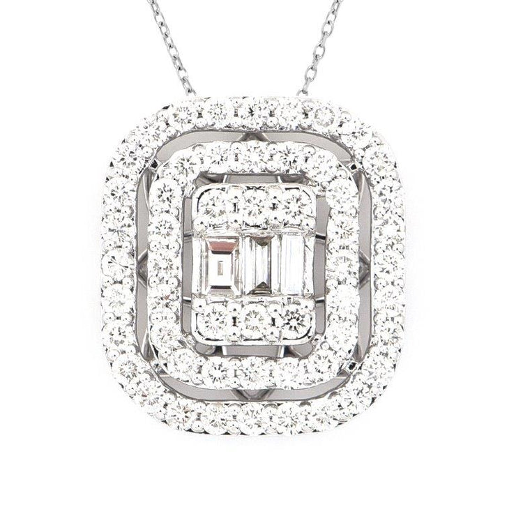 Emerald Shape Cluster With Double Halo In Negative Space Pendant Necklace