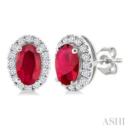 Oval Shape Ruby & Halo Diamond Earrings